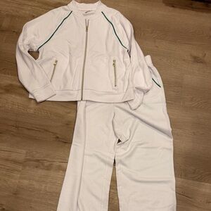 White Two-Piece Track Jacket and Pants Set with Green Piping and gold zipper